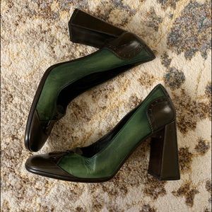 Prada Square Toe 90’s Vintage Brown Green Pumps